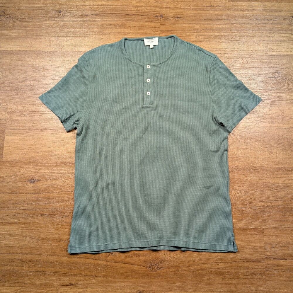 Octobre Editions Waffle Knit Henley T Shirt Men Medium Green Short Sleeve Cotton